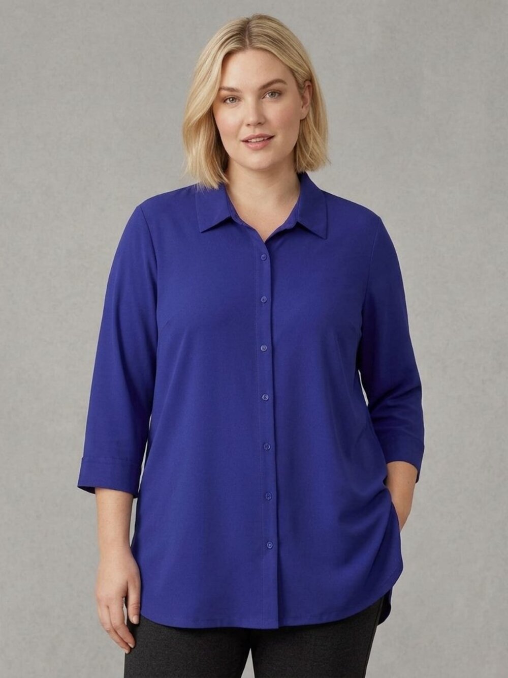 Eileen Fisher Organic Cotton Jersey Knit Button Up Shirt 1X Plus Blue 3/4 Sleeve